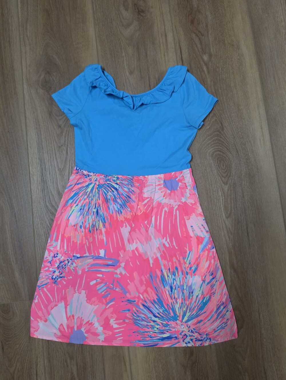 Lilly Pulitzer Aqua Ruffle-Neck Top with Pink Floral Skirt Dress